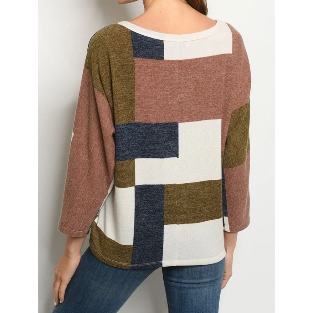 BROWN IVORY COLOR BLOCK SWEATER